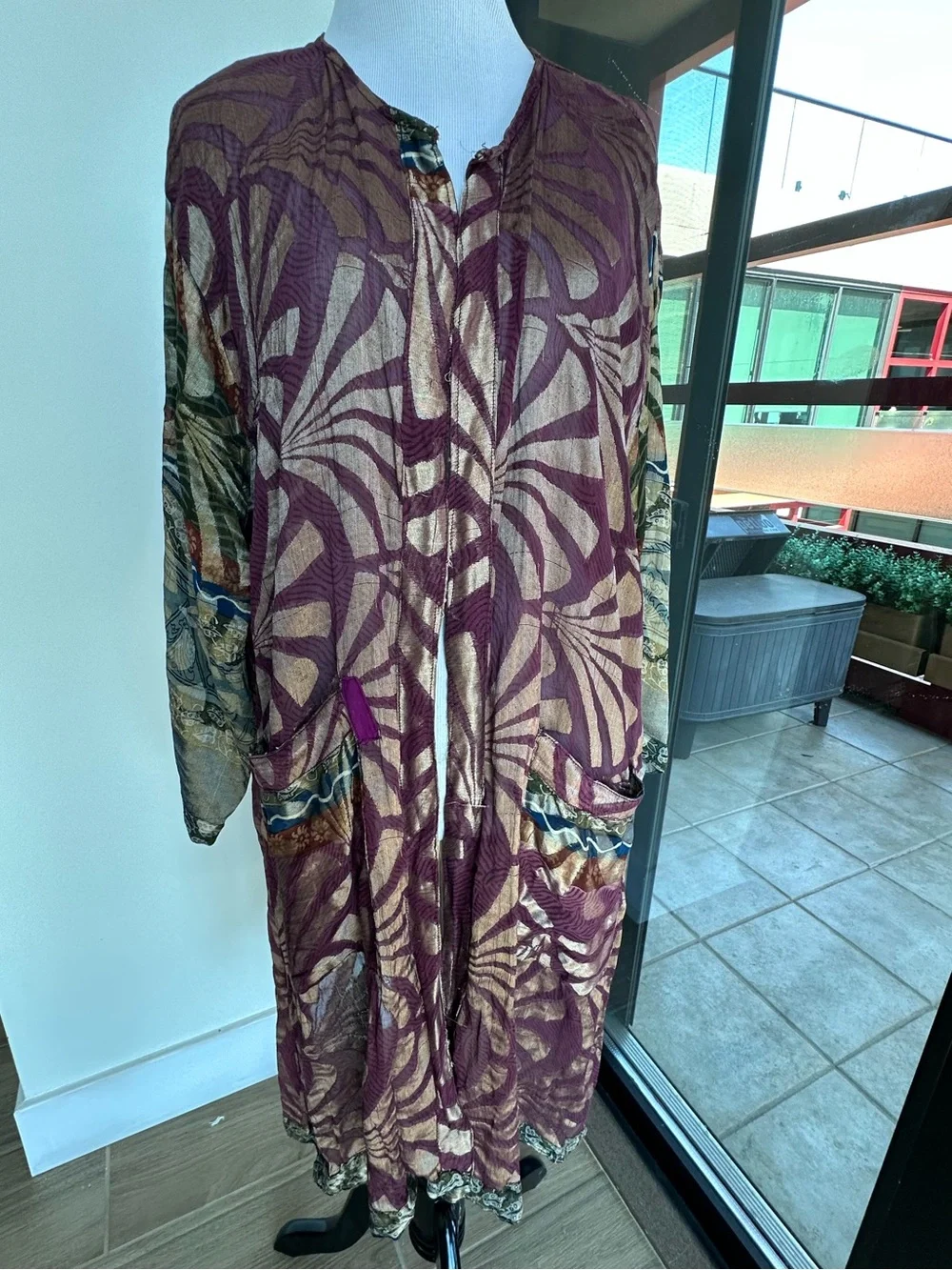 Women’s Burgundy and Tan Patterned Duster